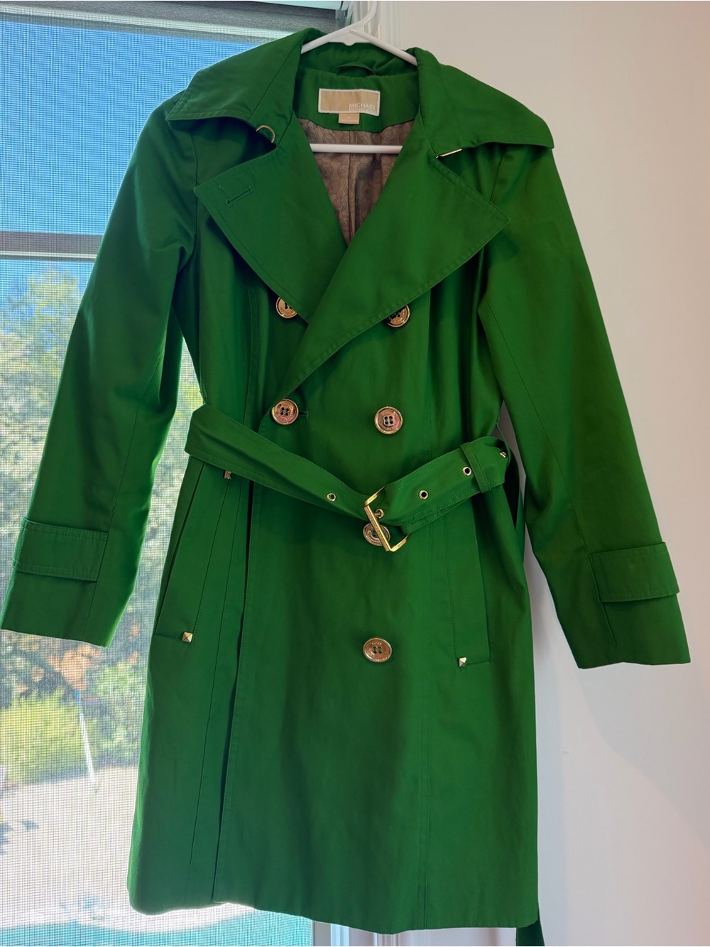 MICHAEL Michael Kors Emerald Green Double-Breasted Trench Coat with Belt
